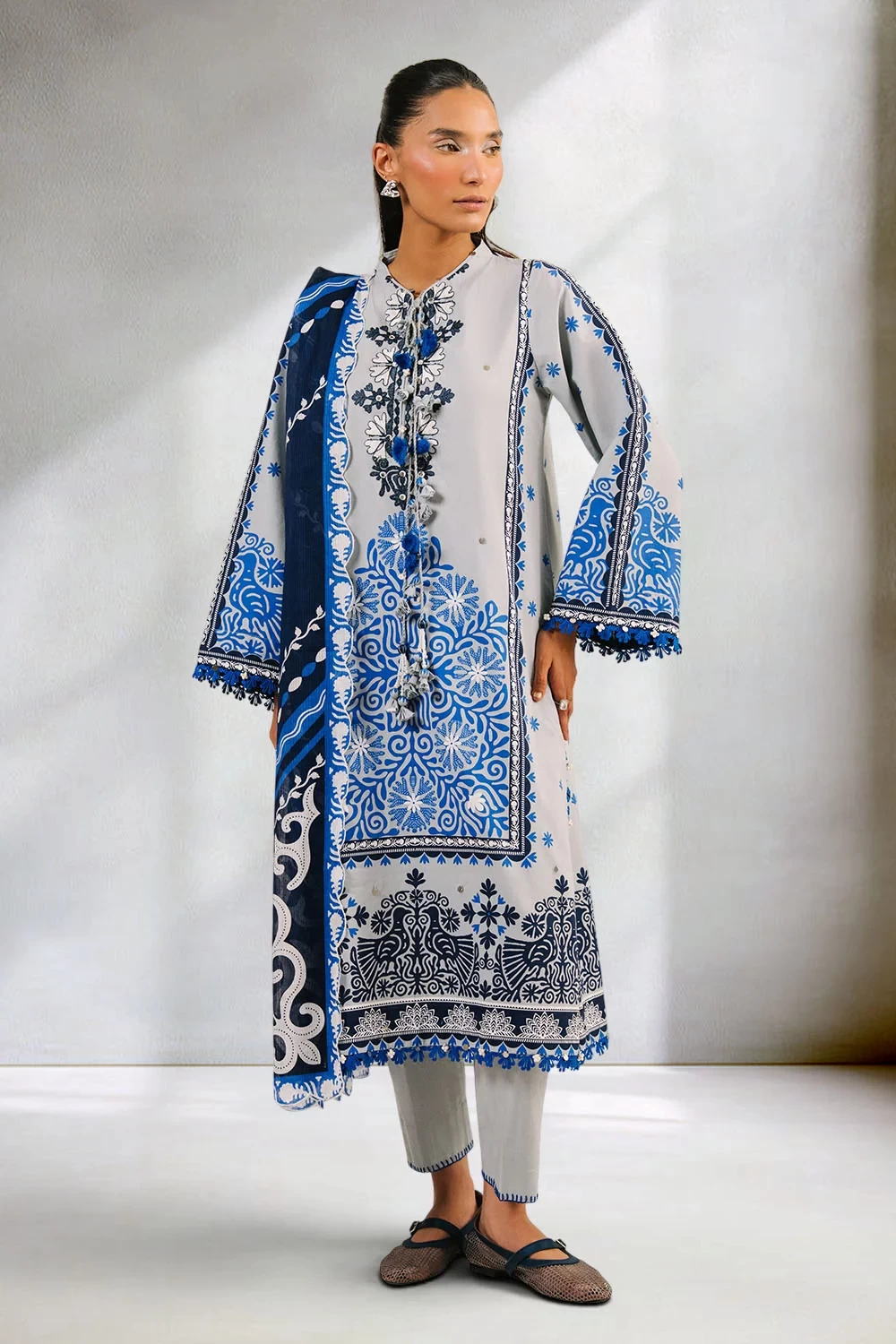 3 Piece Printed Cotton Suit with Printed Denting Lawn Dupatta and Embroidered Ne