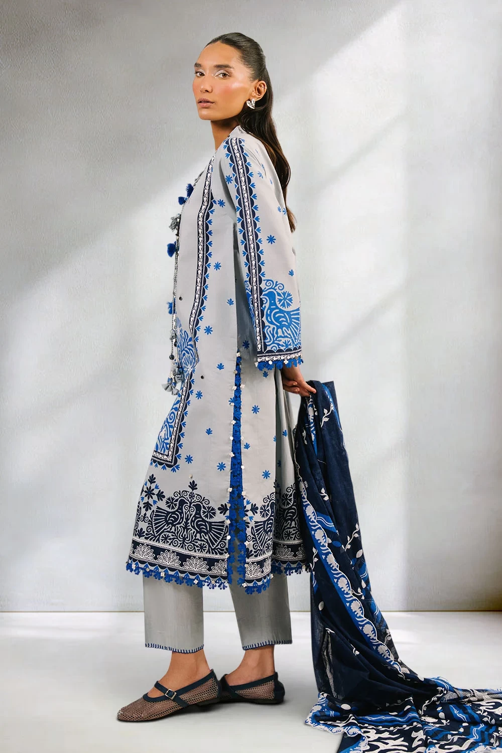 3 Piece Printed Cotton Suit with Printed Denting Lawn Dupatta and Embroidered Ne