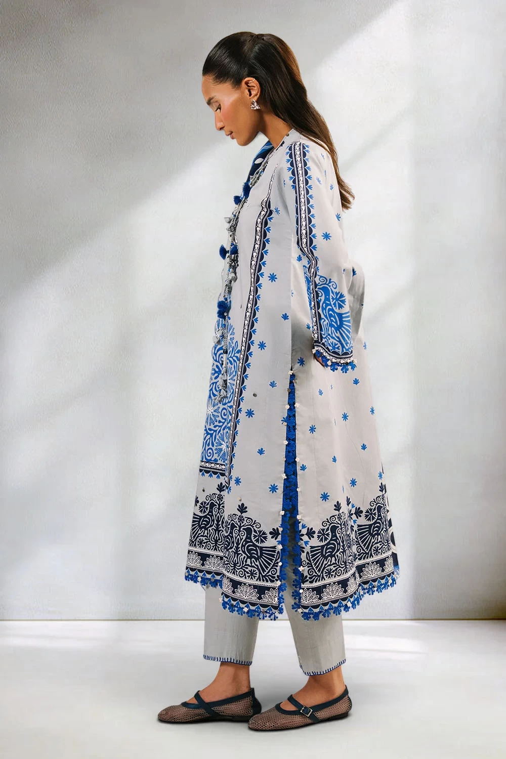 3 Piece Printed Cotton Suit with Printed Denting Lawn Dupatta and Embroidered Ne