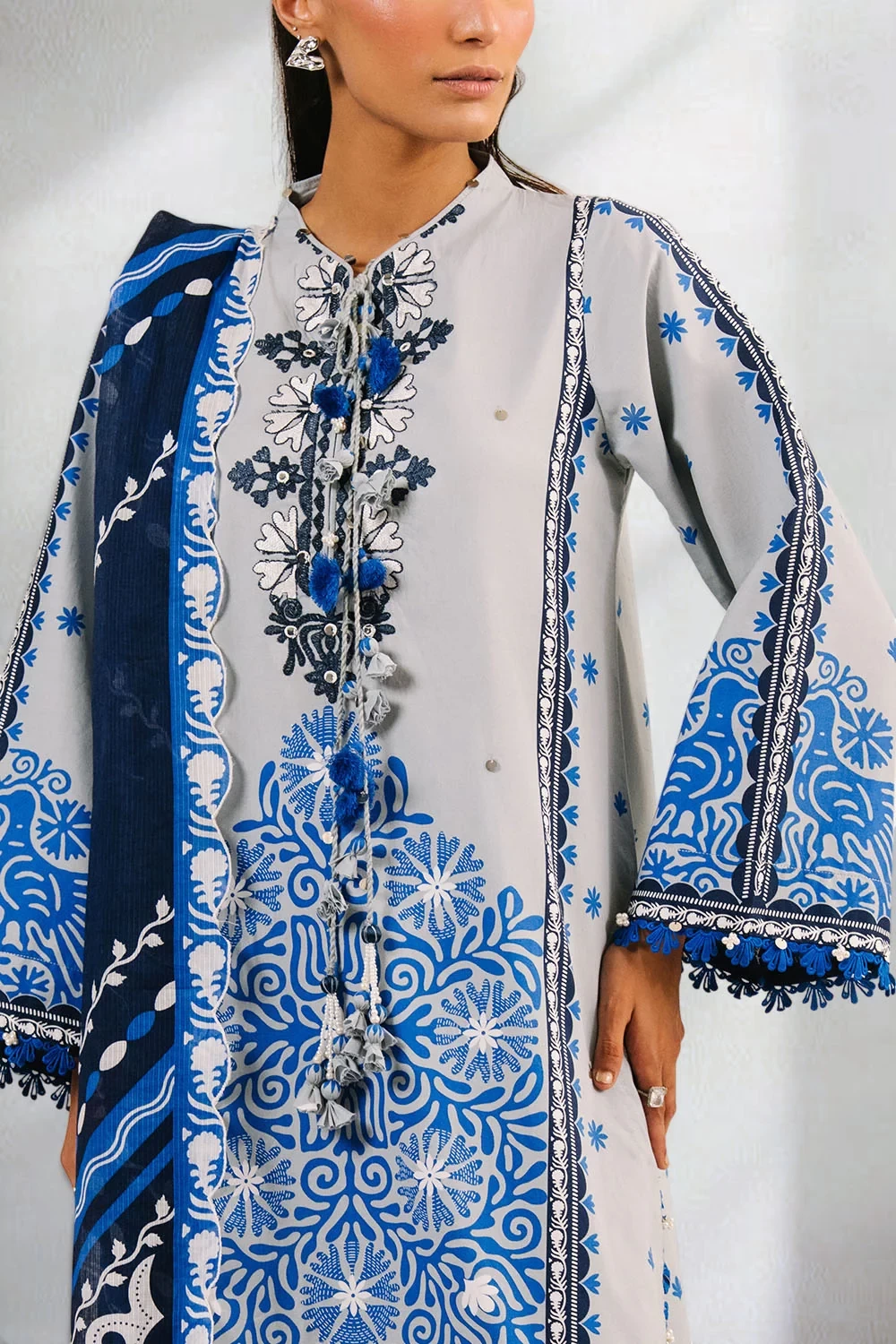 3 Piece Printed Cotton Suit with Printed Denting Lawn Dupatta and Embroidered Ne