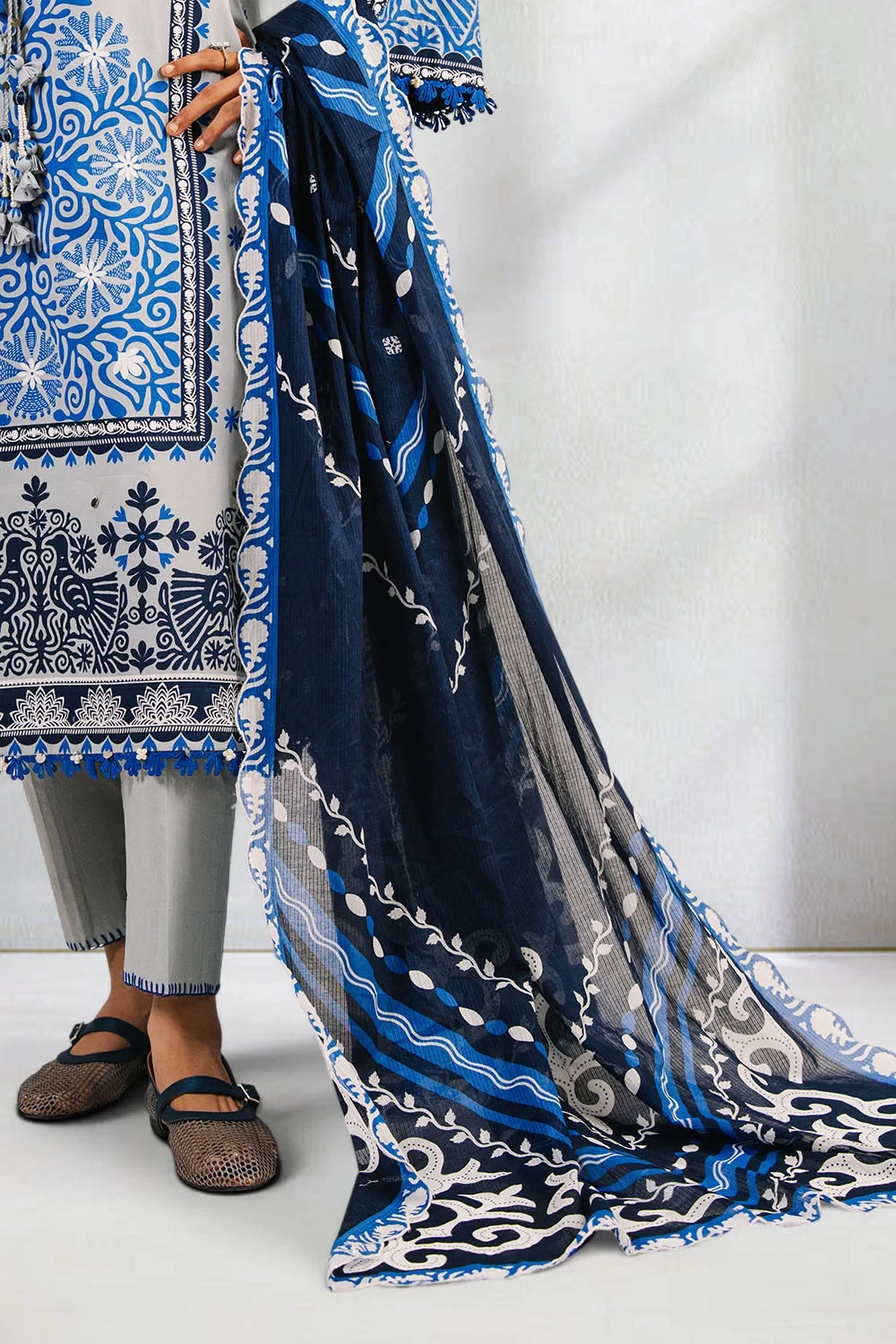 3 Piece Printed Cotton Suit with Printed Denting Lawn Dupatta and Embroidered Ne