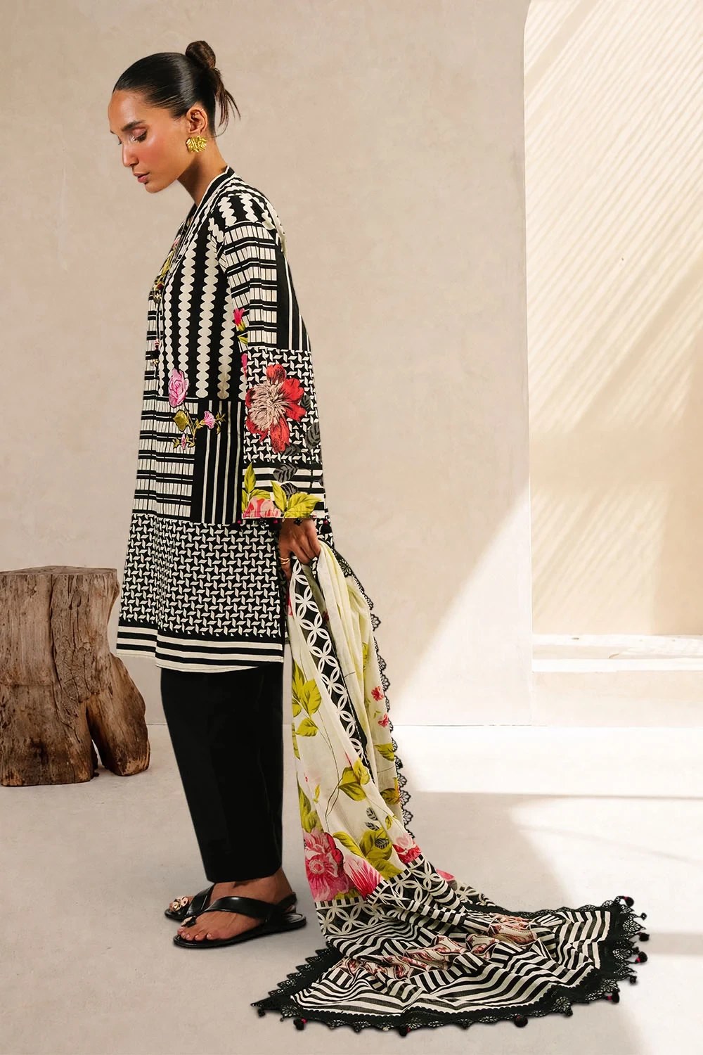 3 Piece Printed Cotton Suit with Printed Denting Lawn Dupatta and Embroidered Bu