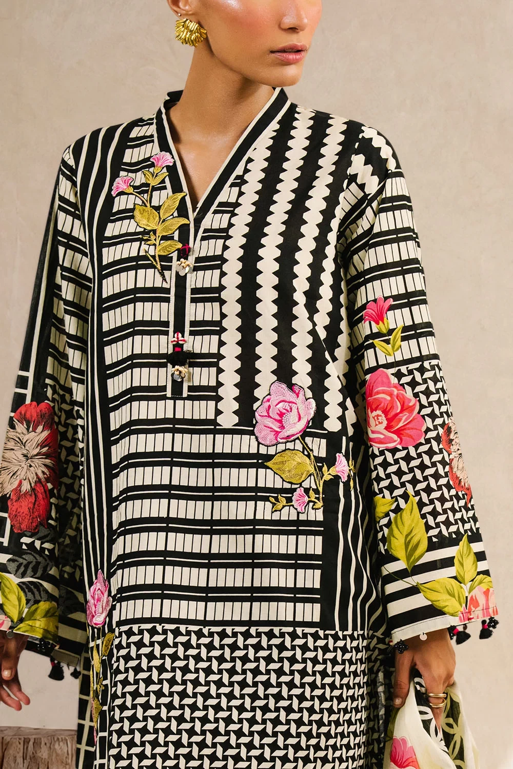 3 Piece Printed Cotton Suit with Printed Denting Lawn Dupatta and Embroidered Bu