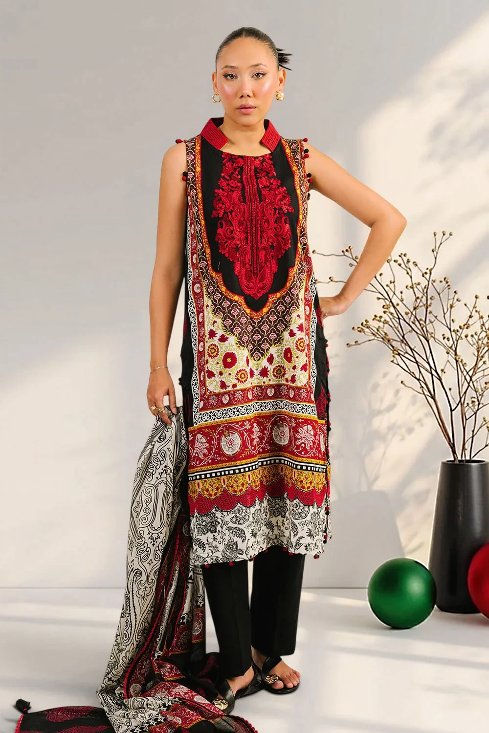 3 Piece Embroidered Printed Cotton Suit with Printed Denting Lawn Dupatta - W-FB