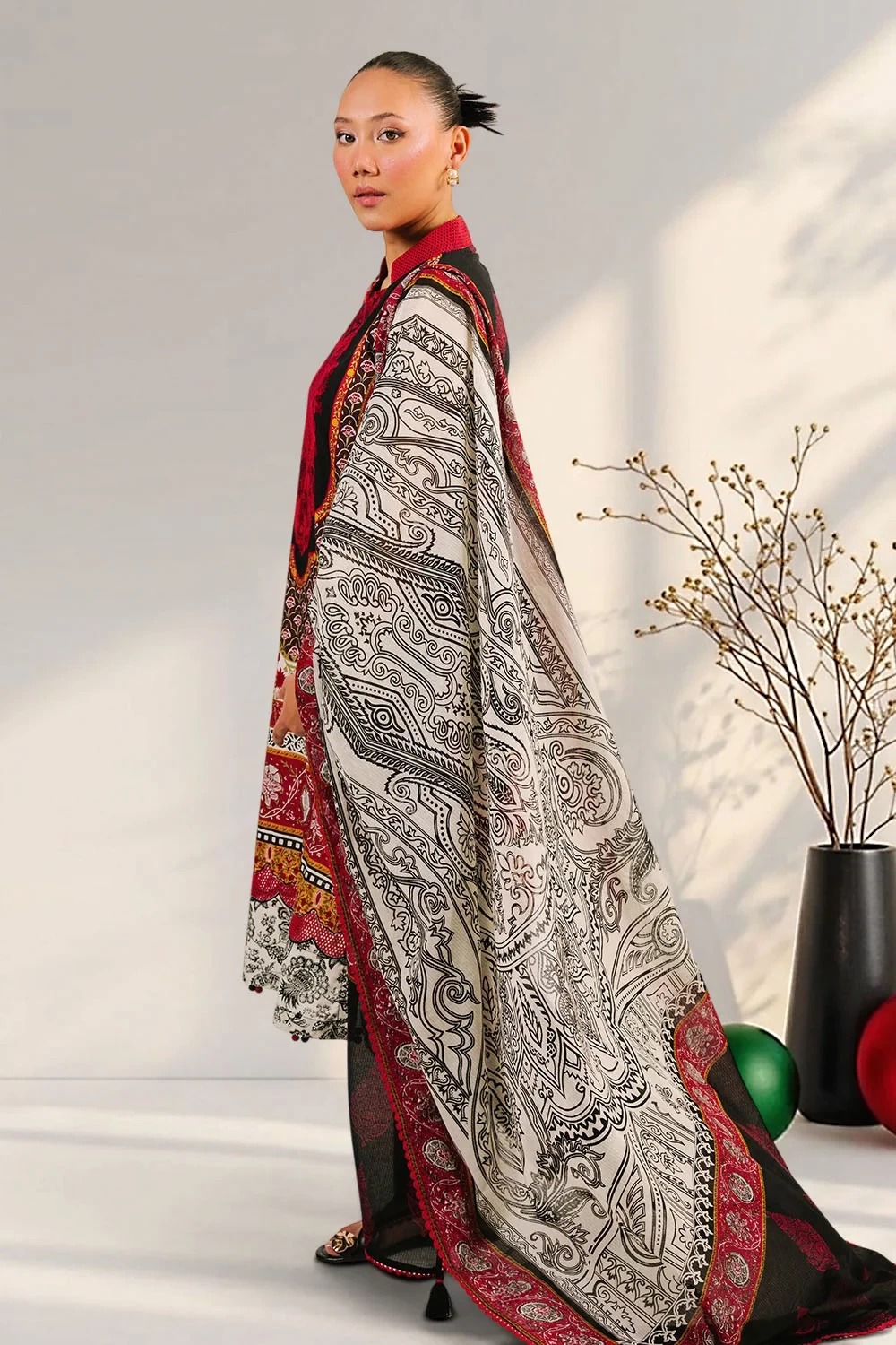 3 Piece Embroidered Printed Cotton Suit with Printed Denting Lawn Dupatta - W-FB