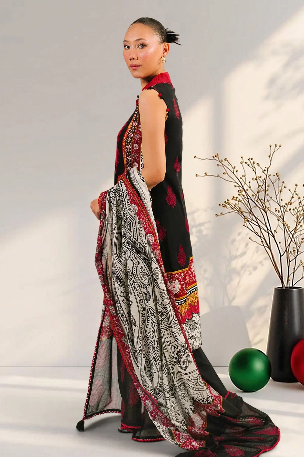 3 Piece Embroidered Printed Cotton Suit with Printed Denting Lawn Dupatta - W-FB