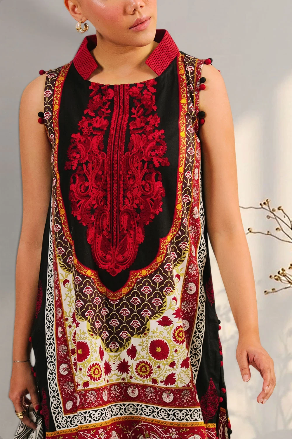 3 Piece Embroidered Printed Cotton Suit with Printed Denting Lawn Dupatta - W-FB