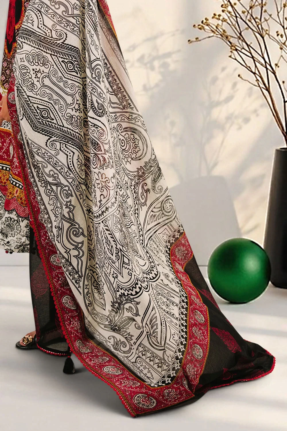3 Piece Embroidered Printed Cotton Suit with Printed Denting Lawn Dupatta - W-FB