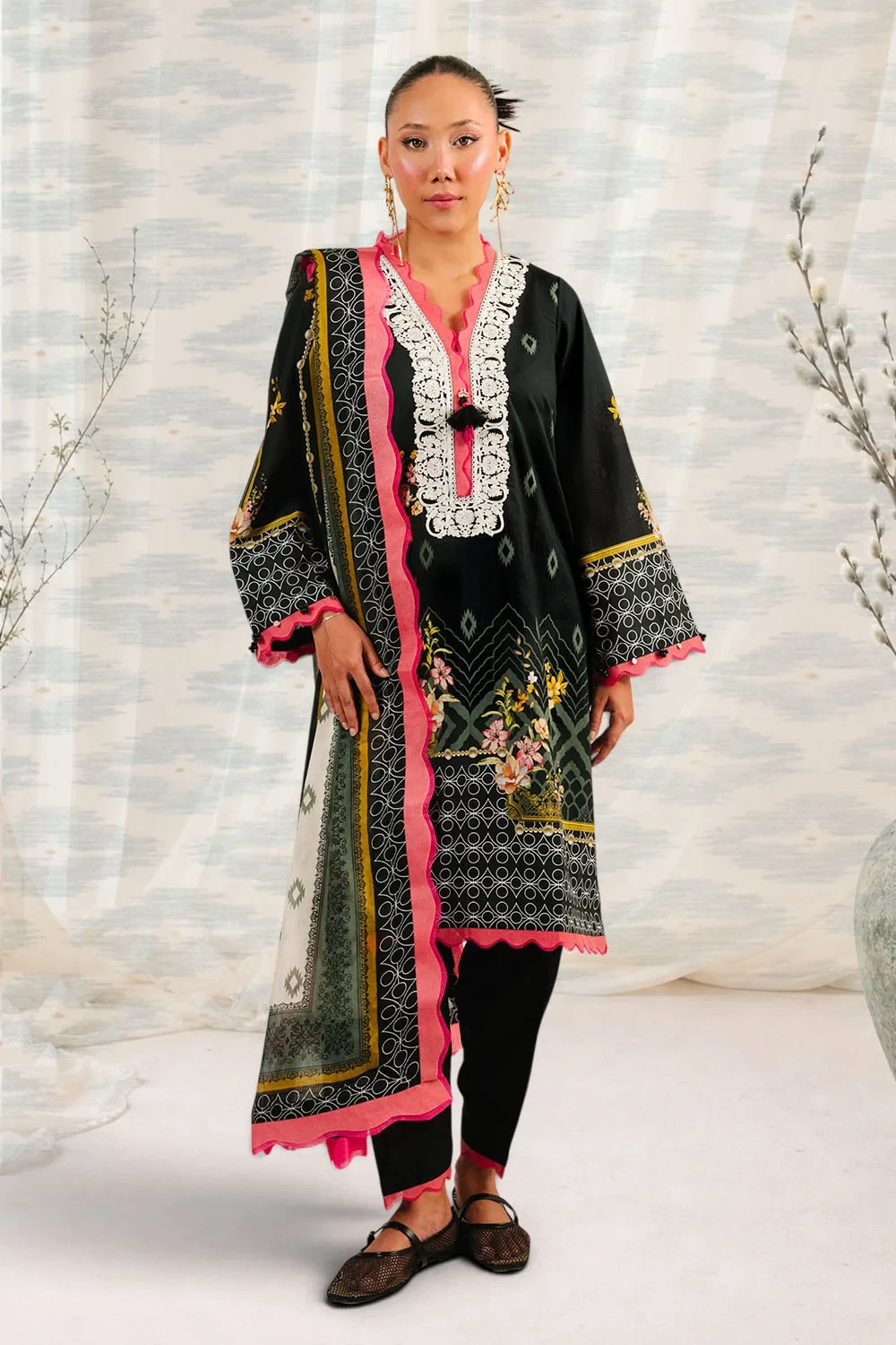 3 Piece Printed Cotton Suit with Printed Denting Lawn Dupatta and Embroidered Ne