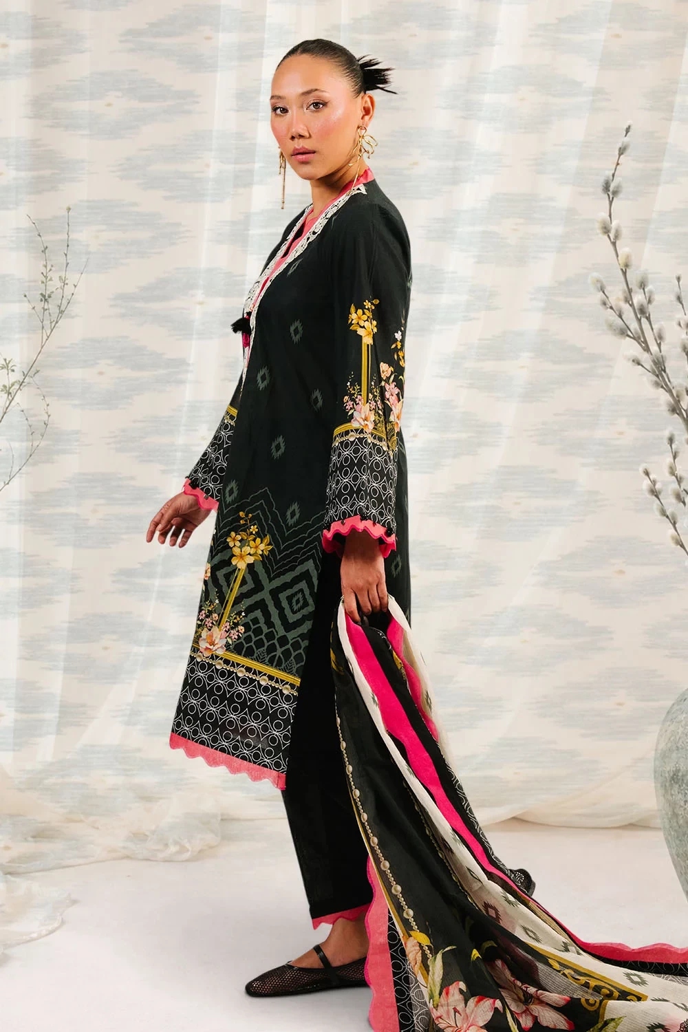 3 Piece Printed Cotton Suit with Printed Denting Lawn Dupatta and Embroidered Ne