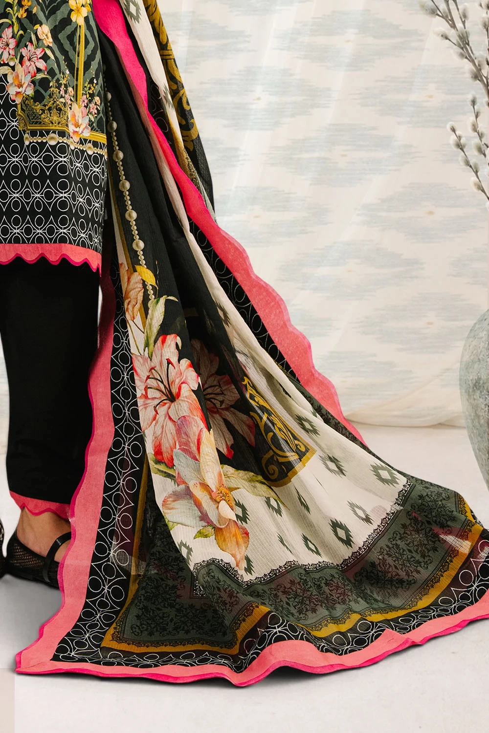 3 Piece Printed Cotton Suit with Printed Denting Lawn Dupatta and Embroidered Ne