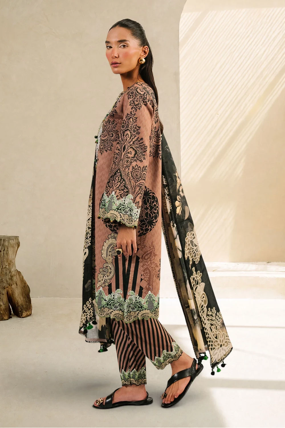 3 Piece Printed Cotton Suit with Printed Denting Lawn Dupatta and Embroidered Ne
