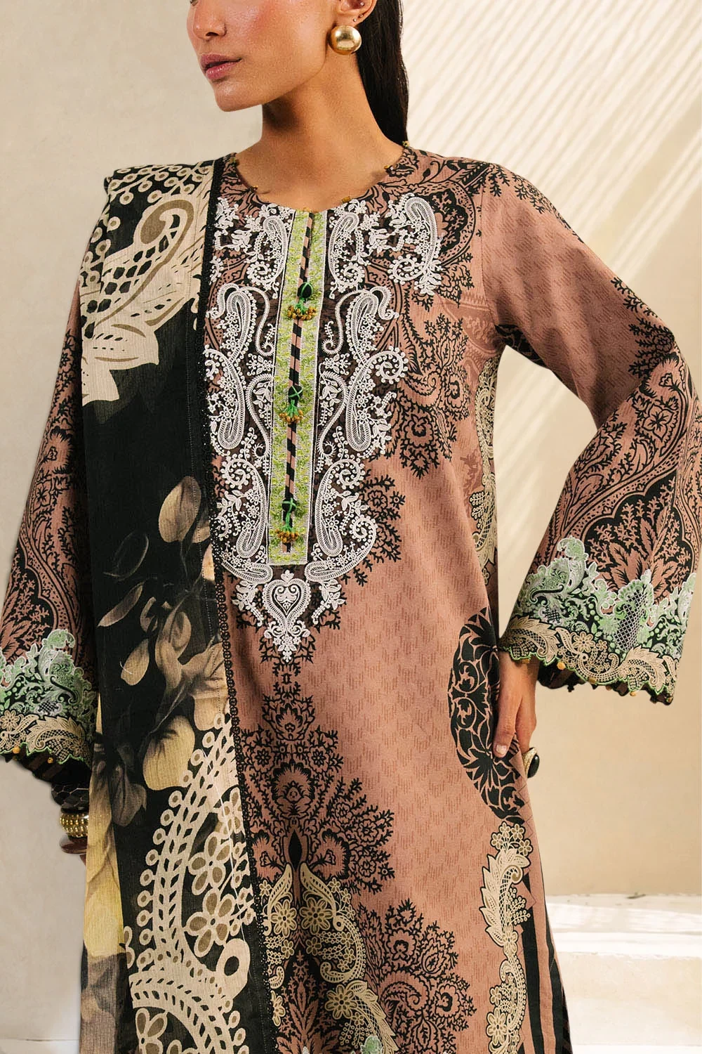 3 Piece Printed Cotton Suit with Printed Denting Lawn Dupatta and Embroidered Ne