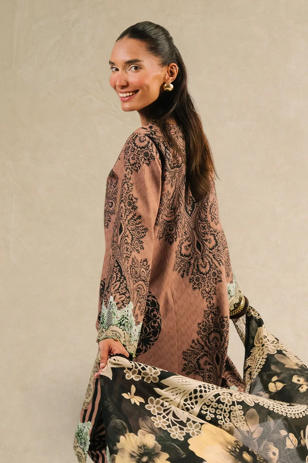 3 Piece Printed Cotton Suit with Printed Denting Lawn Dupatta and Embroidered Ne
