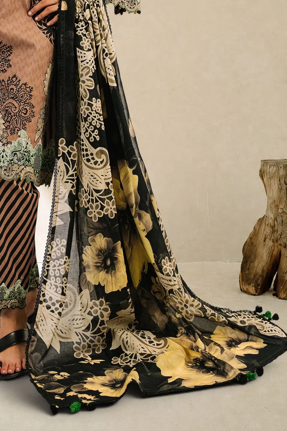 3 Piece Printed Cotton Suit with Printed Denting Lawn Dupatta and Embroidered Ne