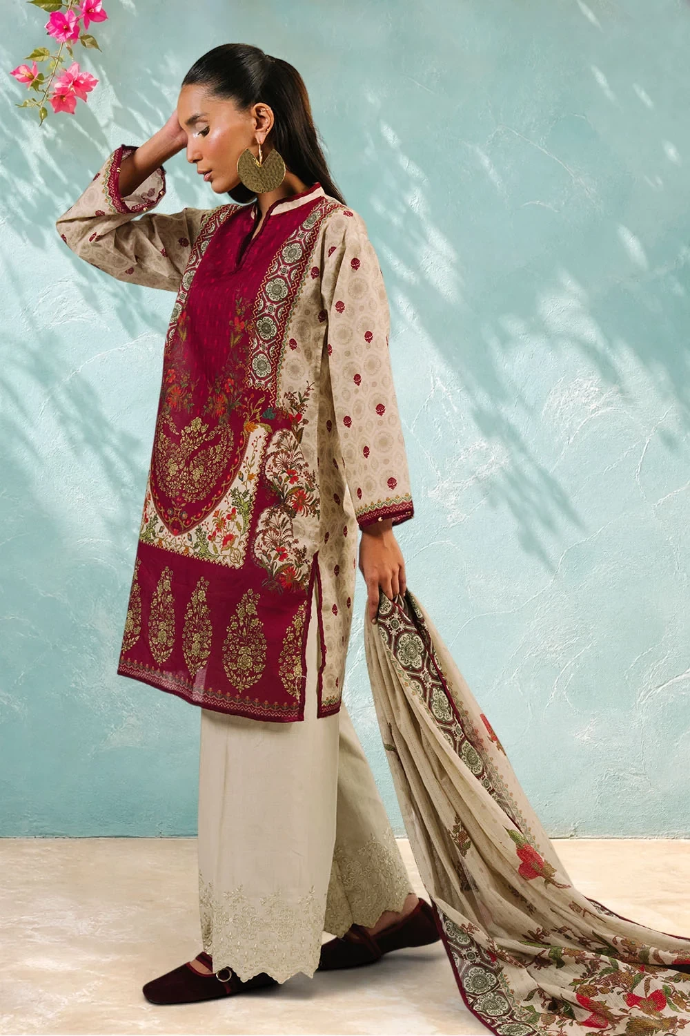 3 Piece Printed Cotton Suit with Printed Denting Lawn Dupatta and Embroidered Tr