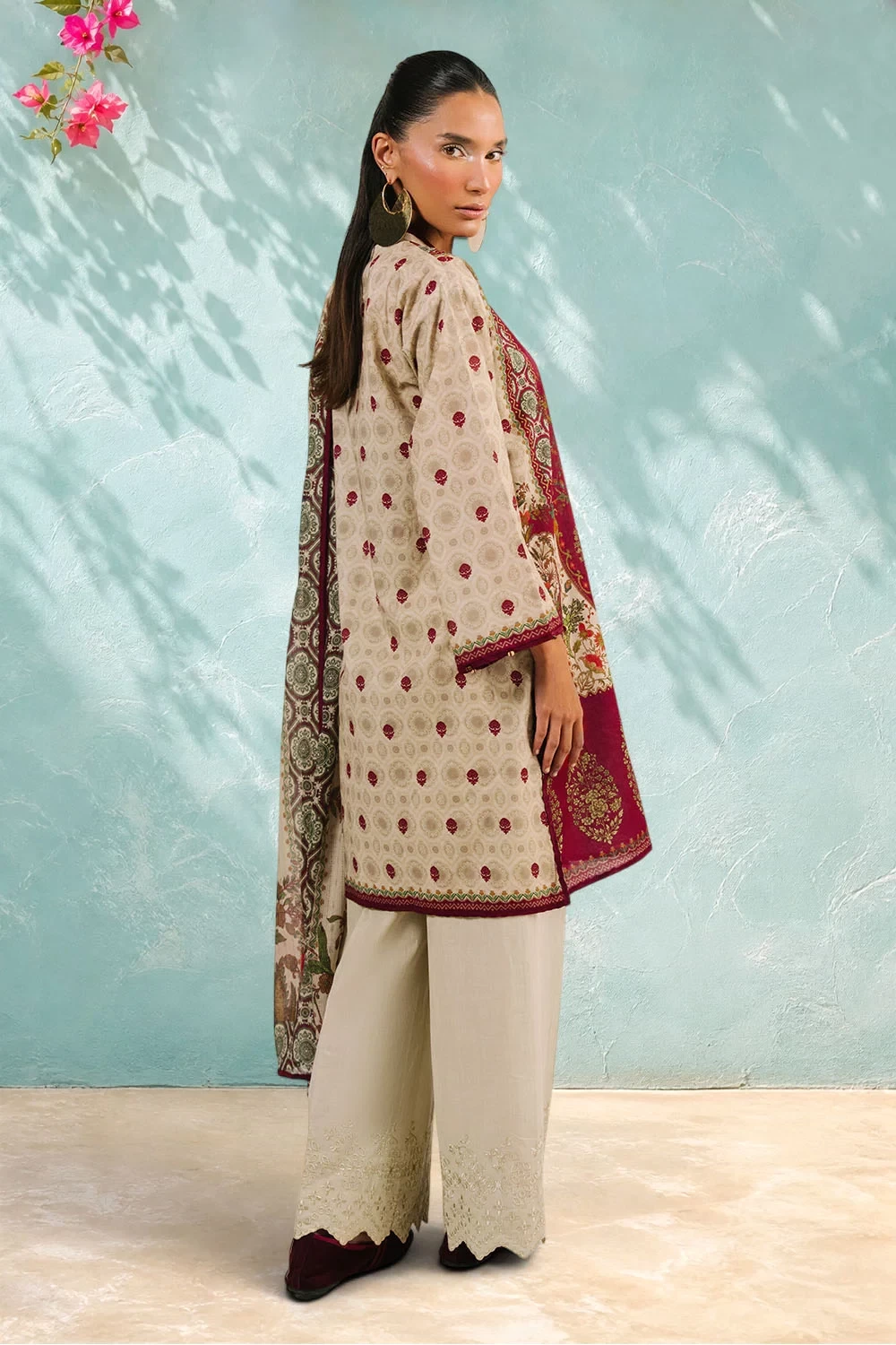 3 Piece Printed Cotton Suit with Printed Denting Lawn Dupatta and Embroidered Tr