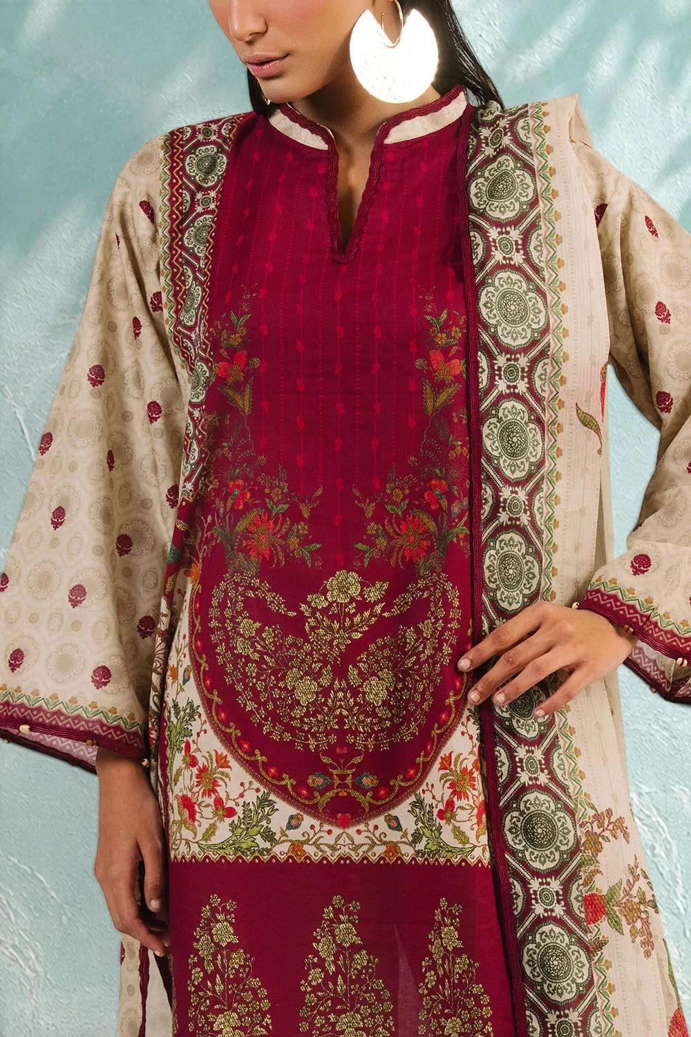 3 Piece Printed Cotton Suit with Printed Denting Lawn Dupatta and Embroidered Tr