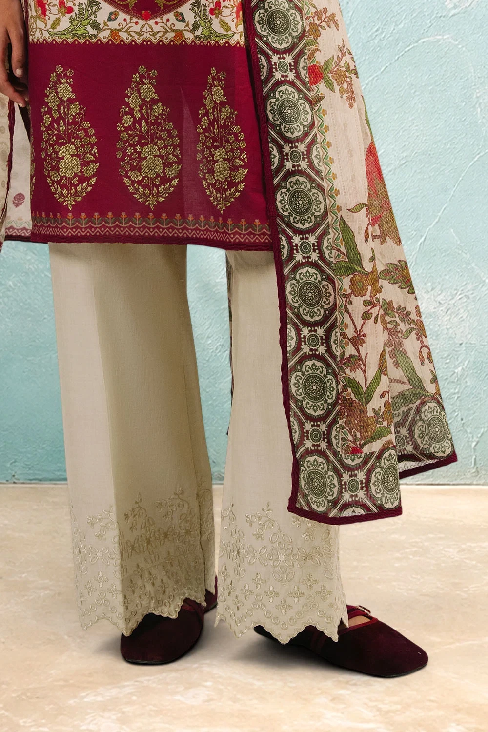 3 Piece Printed Cotton Suit with Printed Denting Lawn Dupatta and Embroidered Tr
