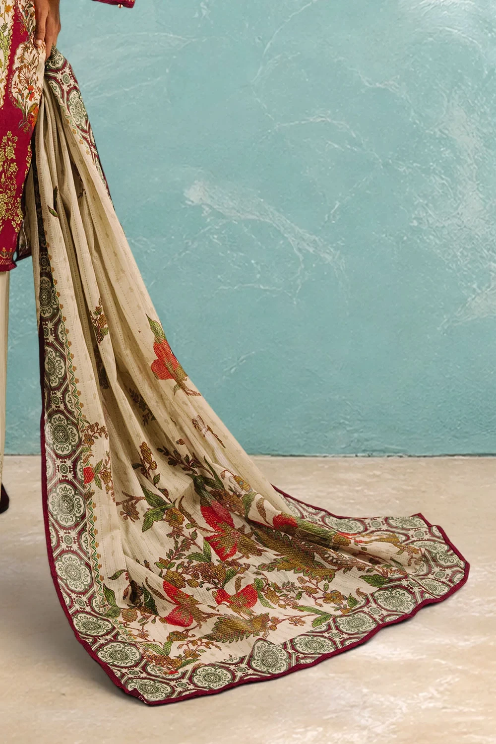 3 Piece Printed Cotton Suit with Printed Denting Lawn Dupatta and Embroidered Tr