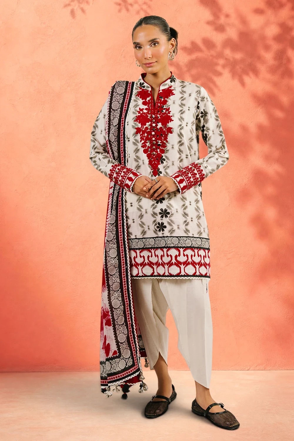 3 Piece Embroidered Printed Cotton Suit with Printed Denting Lawn Dupatta - W-FB