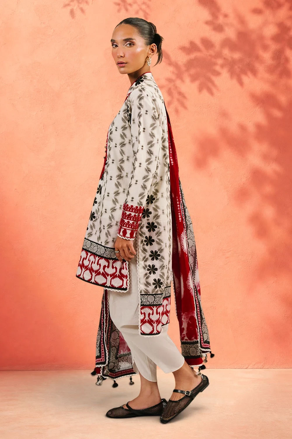 3 Piece Embroidered Printed Cotton Suit with Printed Denting Lawn Dupatta - W-FB