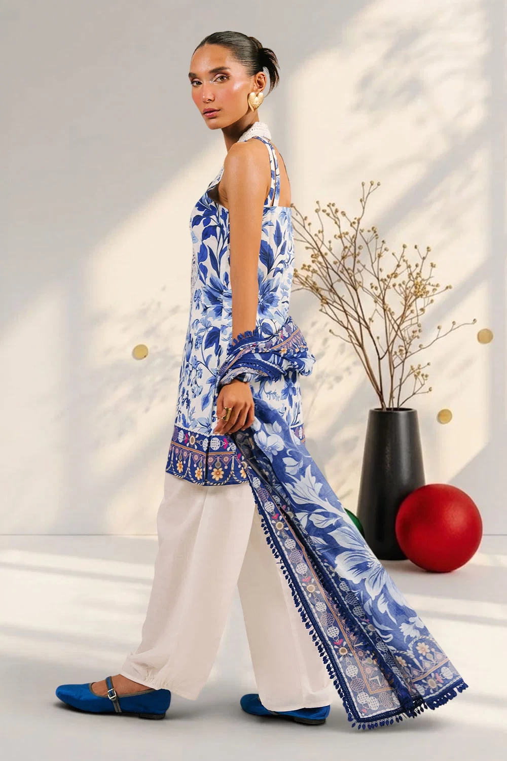 3 Piece Printed Cotton Suit with Printed Denting Lawn Dupatta and Embroidered Ne
