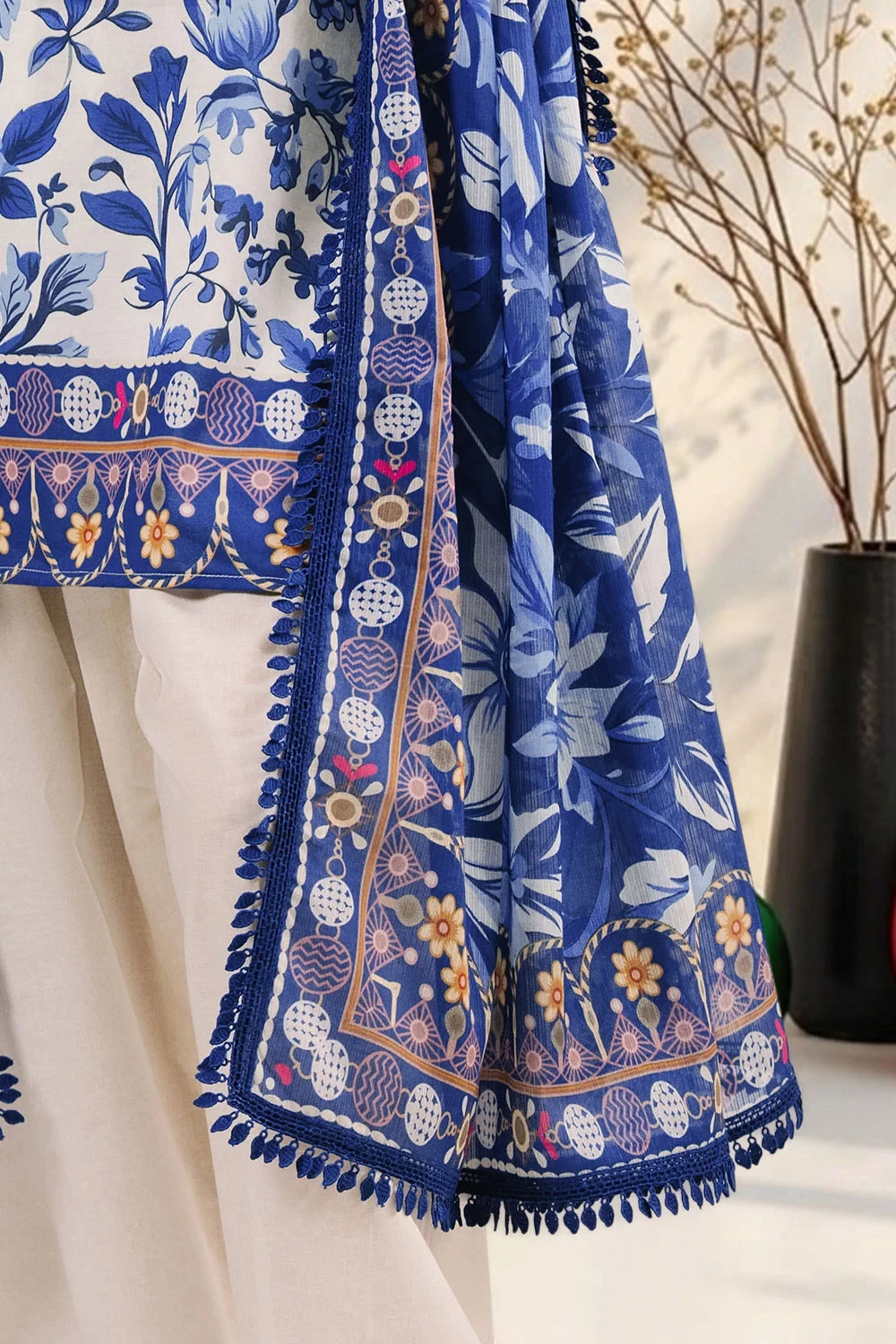 3 Piece Printed Cotton Suit with Printed Denting Lawn Dupatta and Embroidered Ne