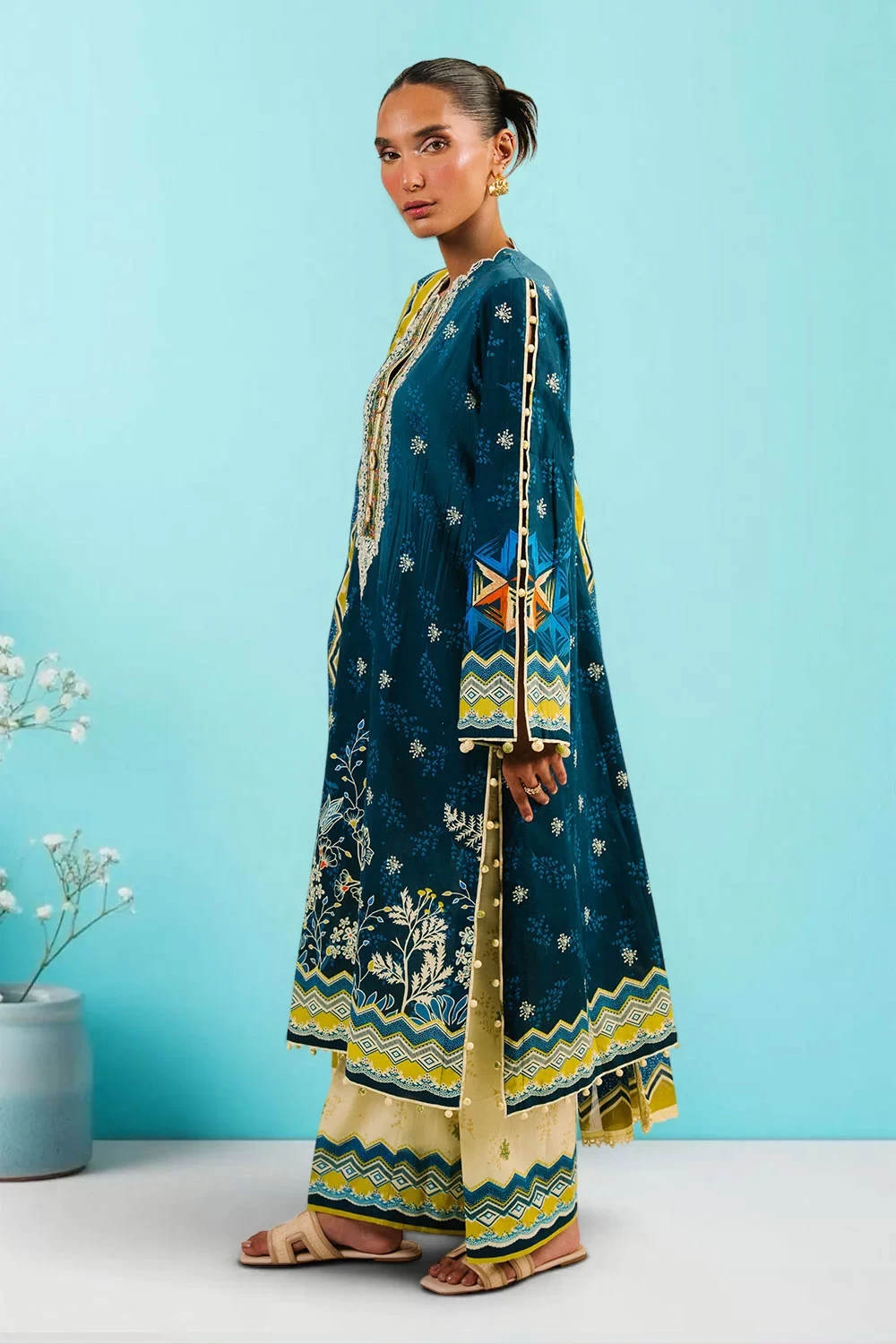3 Piece Printed Cotton Suit with Printed Denting Lawn Dupatta and Embroidered Ne