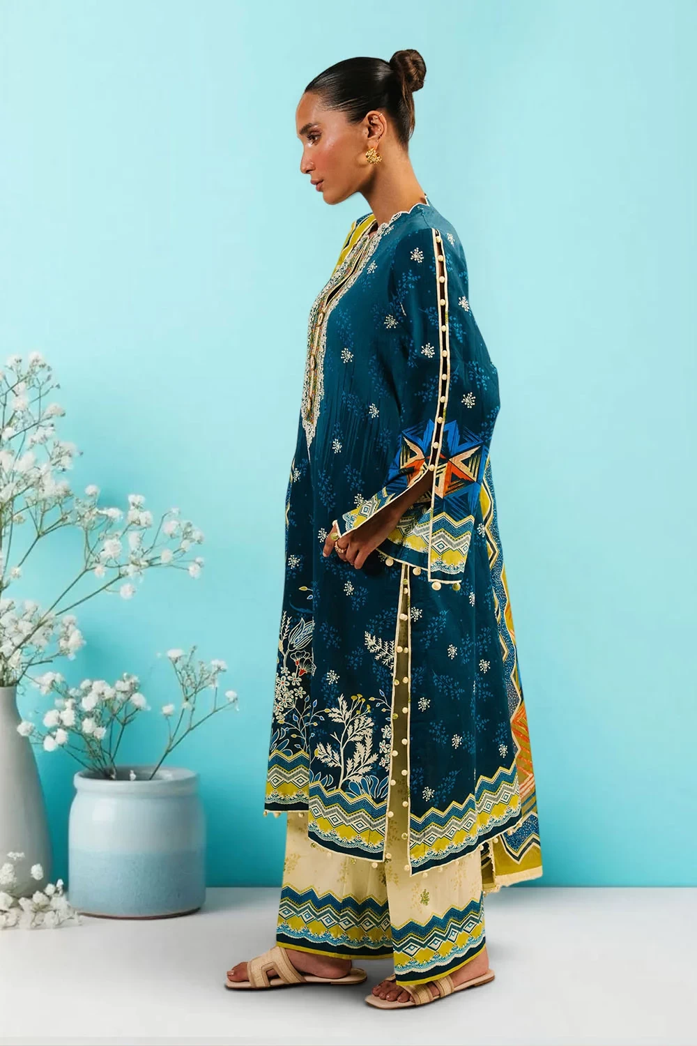 3 Piece Printed Cotton Suit with Printed Denting Lawn Dupatta and Embroidered Ne