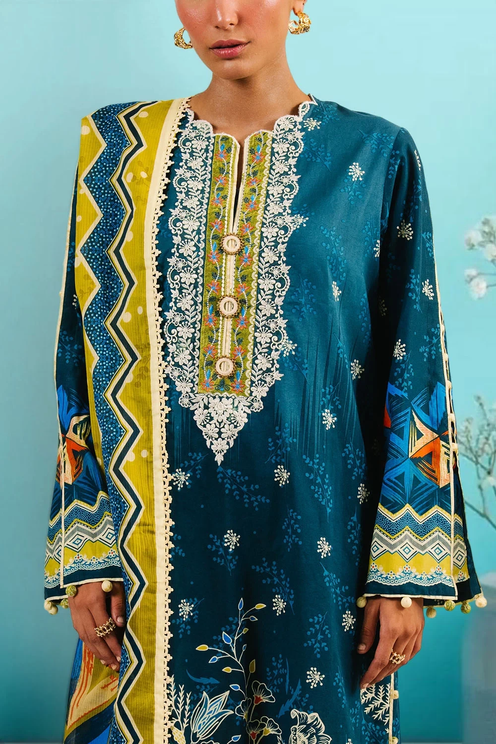 3 Piece Printed Cotton Suit with Printed Denting Lawn Dupatta and Embroidered Ne