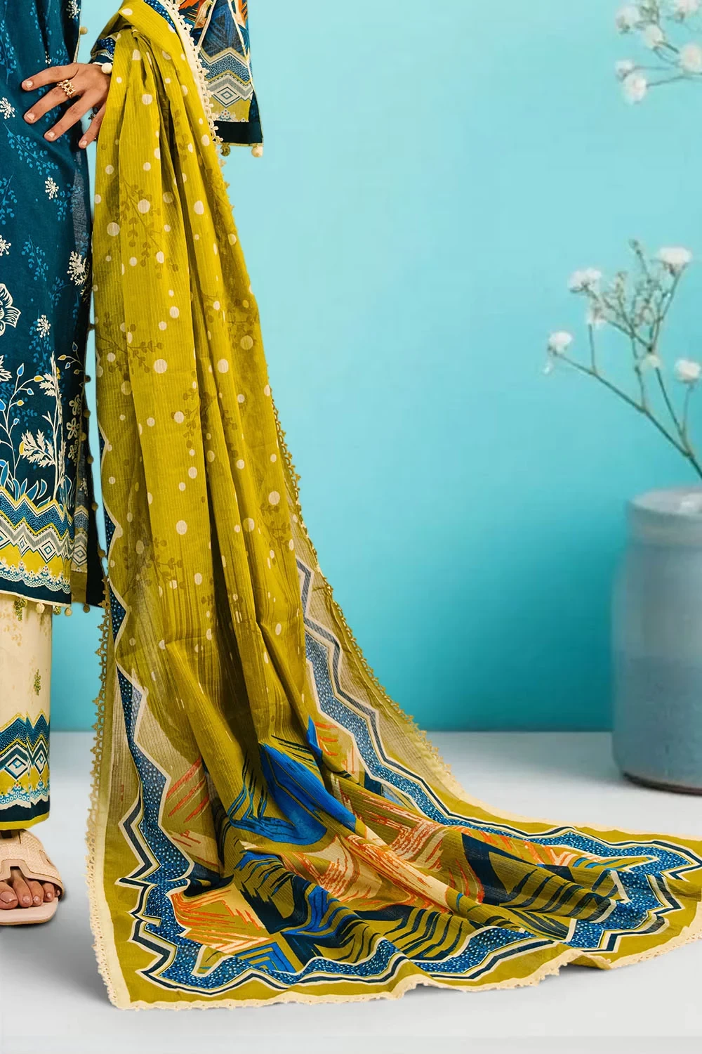 3 Piece Printed Cotton Suit with Printed Denting Lawn Dupatta and Embroidered Ne