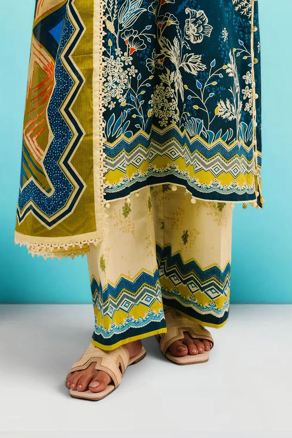 3 Piece Printed Cotton Suit with Printed Denting Lawn Dupatta and Embroidered Ne