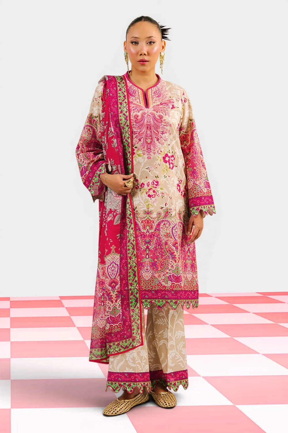 3 Piece Printed Cotton Suit with Printed Denting Lawn Dupatta and Embroidered Ne
