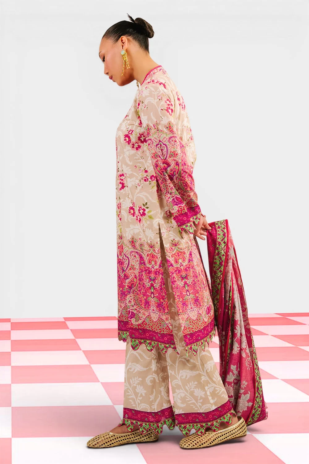 3 Piece Printed Cotton Suit with Printed Denting Lawn Dupatta and Embroidered Ne