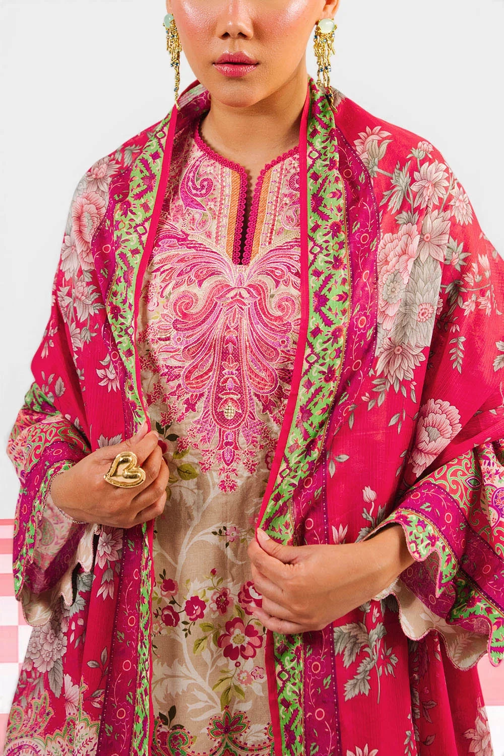 3 Piece Printed Cotton Suit with Printed Denting Lawn Dupatta and Embroidered Ne