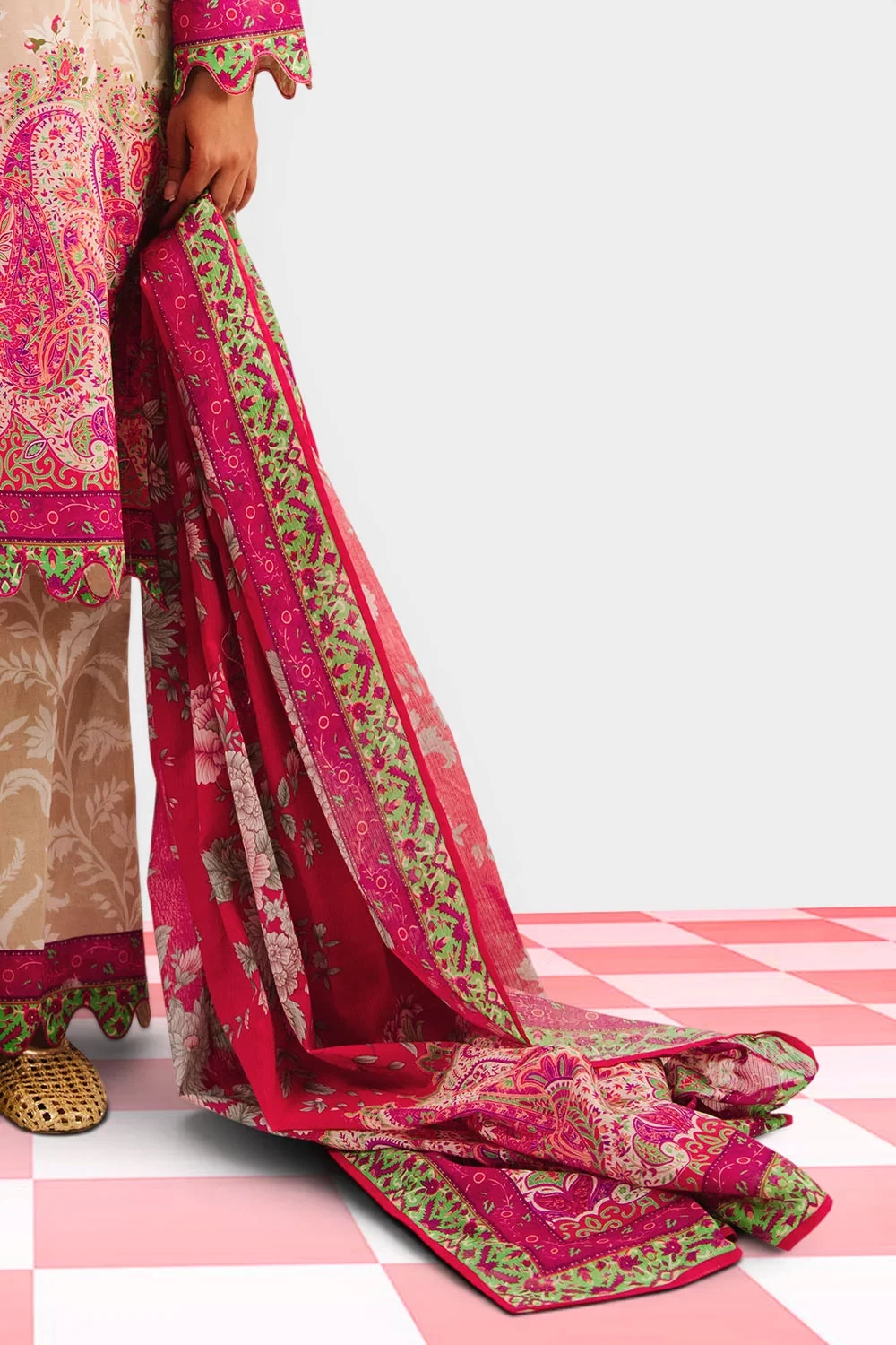 3 Piece Printed Cotton Suit with Printed Denting Lawn Dupatta and Embroidered Ne