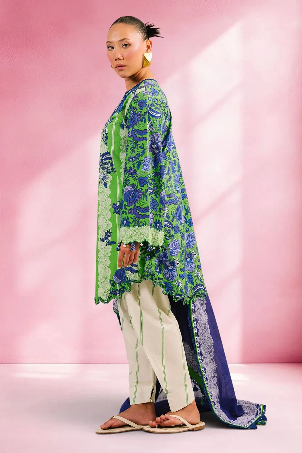 3 Piece Printed Cotton Suit with Printed Denting Lawn Dupatta and Embroidered Ne