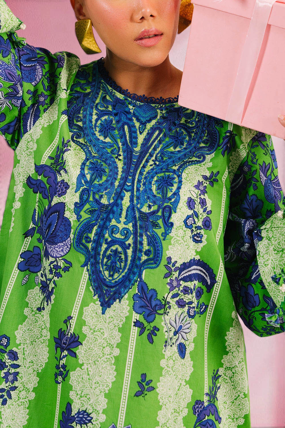 3 Piece Printed Cotton Suit with Printed Denting Lawn Dupatta and Embroidered Ne