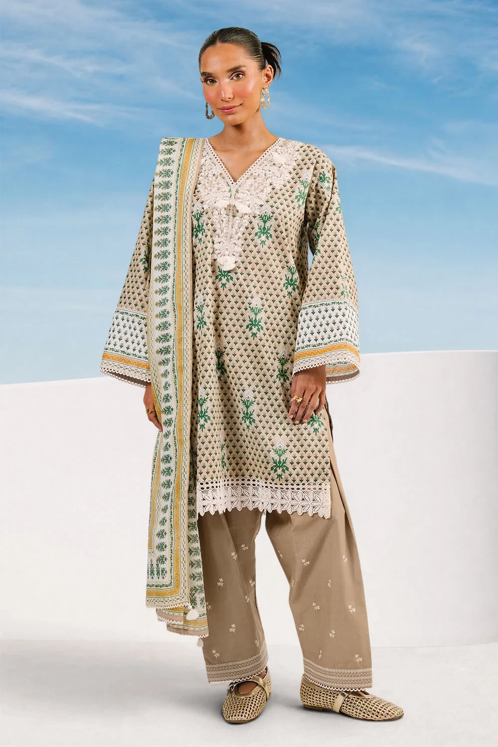 3 Piece Printed Cotton Suit with Printed Denting Lawn Dupatta and Embroidered Ne