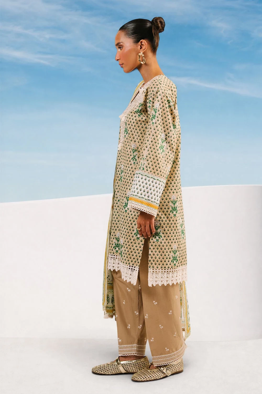 3 Piece Printed Cotton Suit with Printed Denting Lawn Dupatta and Embroidered Ne