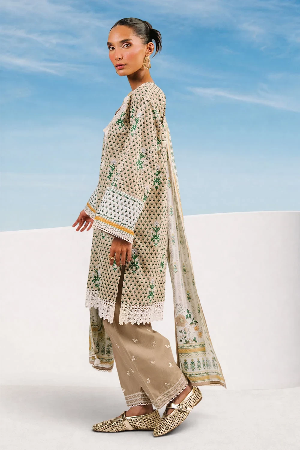 3 Piece Printed Cotton Suit with Printed Denting Lawn Dupatta and Embroidered Ne