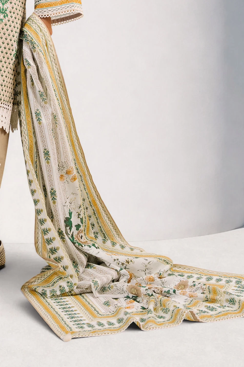 3 Piece Printed Cotton Suit with Printed Denting Lawn Dupatta and Embroidered Ne