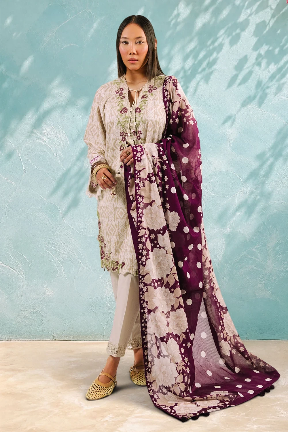 3 Piece Printed Cotton Suit with Printed Denting Lawn Dupatta and Embroidered Ne