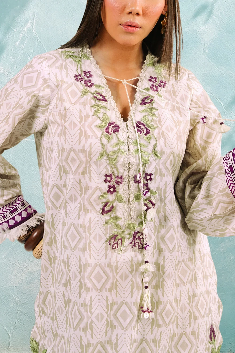 3 Piece Printed Cotton Suit with Printed Denting Lawn Dupatta and Embroidered Ne