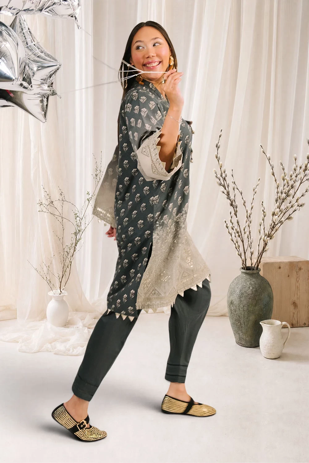3 Piece Embroidered Printed Cotton Suit with Printed Denting Lawn Dupatta - W-FB