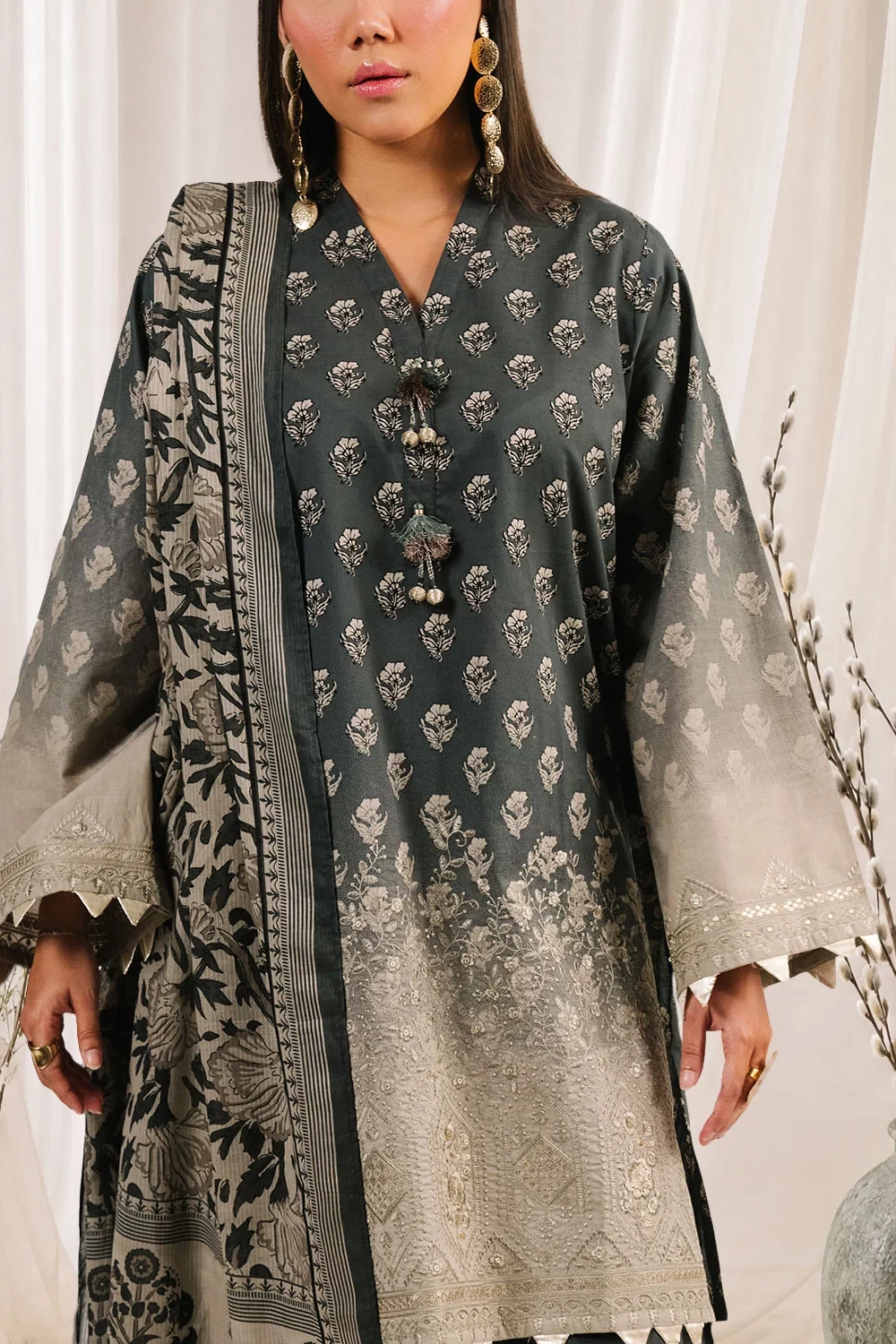 3 Piece Embroidered Printed Cotton Suit with Printed Denting Lawn Dupatta - W-FB