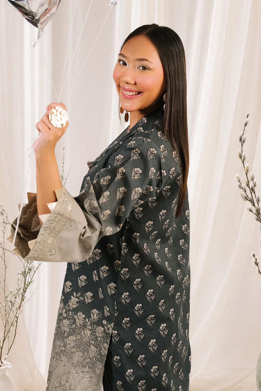 3 Piece Embroidered Printed Cotton Suit with Printed Denting Lawn Dupatta - W-FB