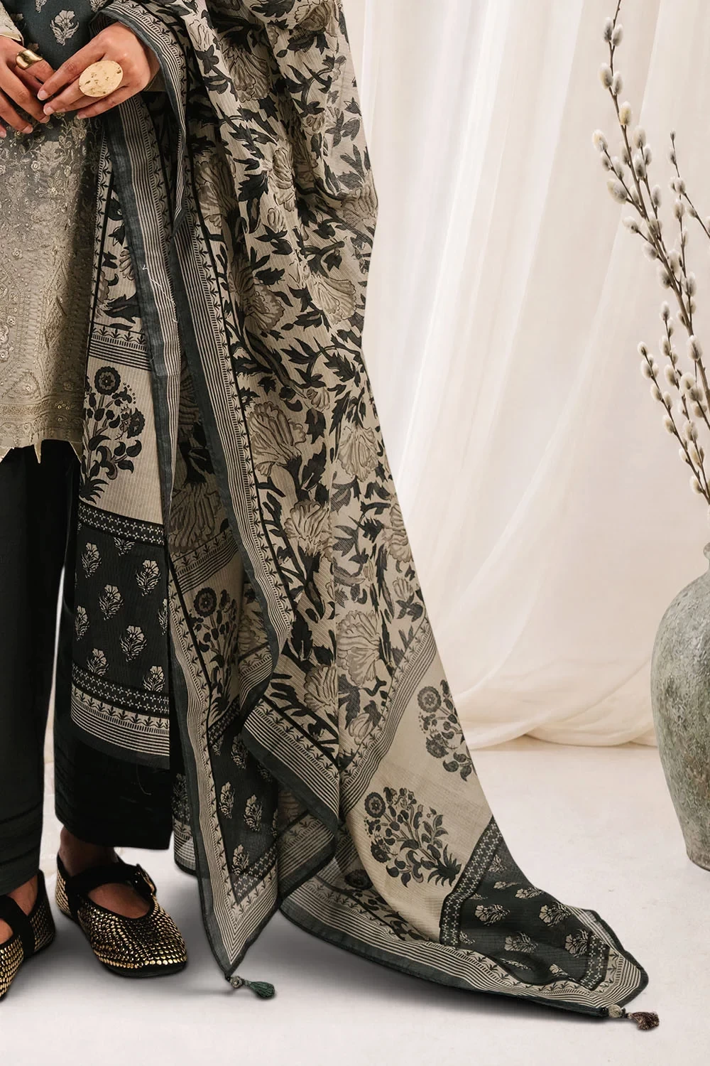 3 Piece Embroidered Printed Cotton Suit with Printed Denting Lawn Dupatta - W-FB