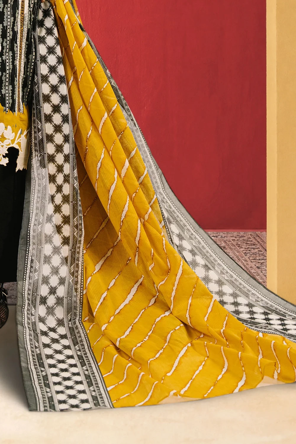 3 Piece Embroidered Printed Cotton Suit with Printed Denting Lawn Dupatta - W-FB
